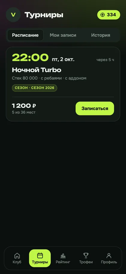 Расписание в кабинете: Ночной Turbo, 5 из 36 мест, кнопка «Записаться»